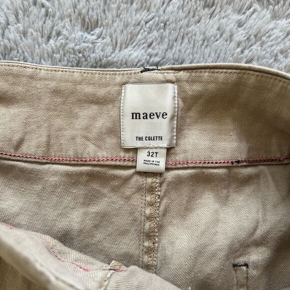 Maeve Anthropologie Colette Contrast-Stitch Linen Crop Wide-Leg Pants 32T Khaki - Picture 4 of 7